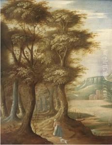 A Wooded Landscape With A Woman And A Dog On A Track by Abraham Govaerts