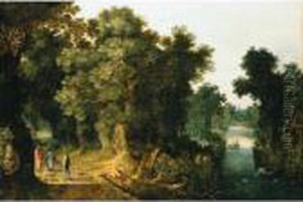 A Wooded River Landscape With Figures On A Path And Fishermen On A Rowing Boat - view 1