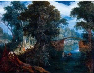 A Wooded River Landscape With Travellers Passing By A Bridge A Wooded River Landscape With Travellers Passing By A Bridge
