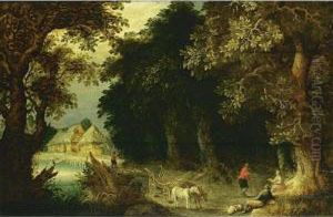 A Wooded Landscape With 
Travellers Resting Near A Tree, With A Horse-drawn Wagon On A Path Near A
 Stream And Farmhouses Beyond