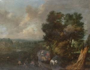 A Wooded River Landscape With 
Travellers In A Coach Passing Fishermen Hauling In Their Catch