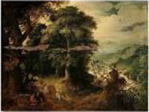 A River Landscape With
Travellers And Their Wagon Resting By A Track, A City In The Distance by Abraham Govaerts