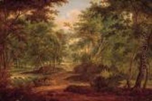 A Traveller On A Sandy Track By A Waterfall In A Forest