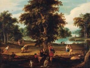 Peasants Making Music And Disporting In A Wooded Riverlandscape by Abraham Govaerts