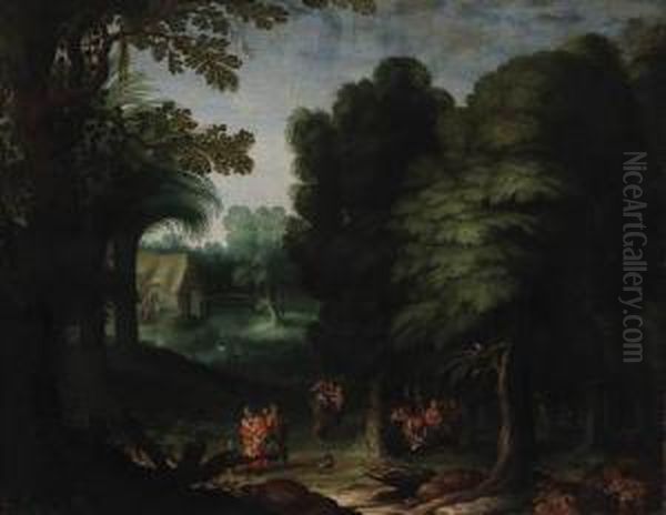 A Wooded Landscape With Peasants Feasting In A Clearing - view 1