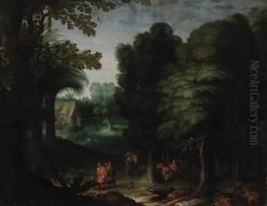 A Wooded Landscape With Peasants Feasting In A Clearing