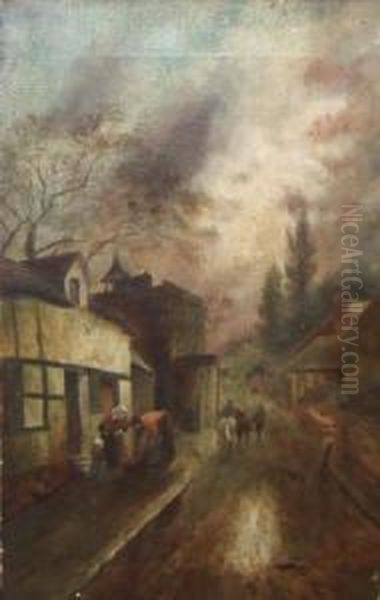 Village Scene With Figures And Horses In A Road - view 1