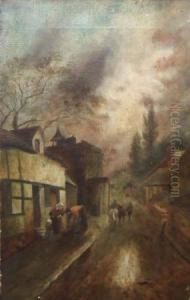 Village Scene With Figures And Horses In A Road by James Walter Gozzard