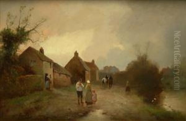 End Of Day,village Scene With Figures And Horses - view 1