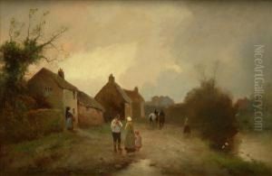 End Of Day,village Scene With Figures And Horses by James Walter Gozzard