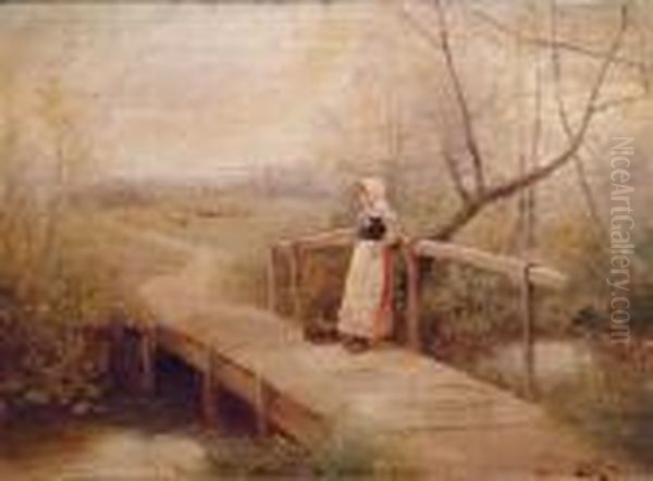 A Young Girl With Basket Resting On A River Bridge With Sheep In The Distance - view 1