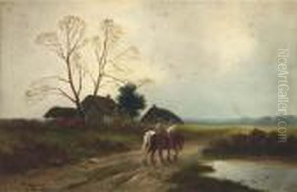 A Farmer With Horses On A Country Road With Cottages In Thedistance - view 1
