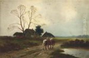 A Farmer With Horses On A Country Road With Cottages In Thedistance by James Walter Gozzard