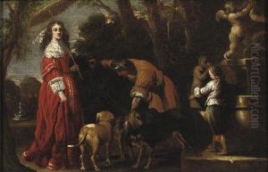 An Elegantly Dressed Lady And
Her Son In A Parklandscape Near A Fountain, A Male Servant Attending Her
Dogs Nearby by Barent Graat