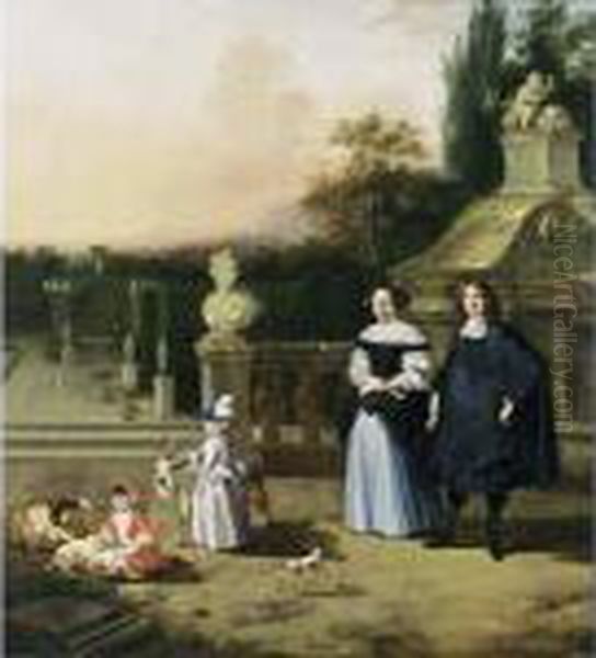 A Portrait Of A Gentleman And
His Wife, Both Standing Full-length With Their Two Children Playing With
A Goat And Sheep, Together With A Dog, All In A Garden Setting - view 1