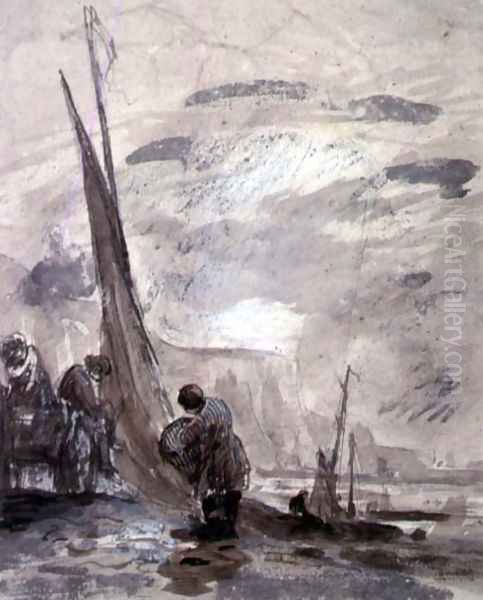 Figures with Cart and Boats on the shore, near cliffs - view 1