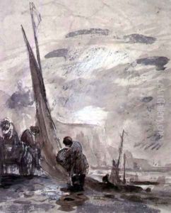 Figures with Cart and Boats on the shore, near cliffs by William Collins