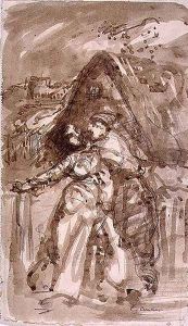 Sketch of a Man embracing a Woman at a Cottage Gate