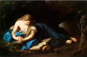 Die Heilige Magdalena In Einer Grotte Mit Bibel Und Totenkopf by Anton Graff