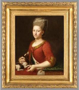 Portrait Of A Young Lady, Half-length, In A Red Dress And Holding A Dog by Anton Graff