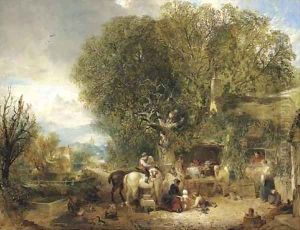 Figures by a cottage in an extensive wooded landscape by William Collins