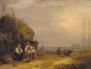 Figures conversing by a fisherman's hut