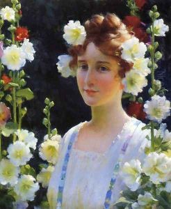 Among the Hollyhocks by Charles Curran