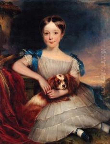 Portrait Of A Young Boy, Thought
 To Be Sir John Pitfield, Seatedfull-length, In A White Dress With Blue 
Ribbons, A Toy Spaniel Onhis Lap, A Landscape Beyond - view 1