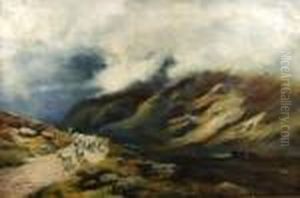 Highland Valley Scene With A Shepherd And Flock Of Sheepon Track To Foreground