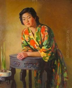 A Portrait Of A Japanese Woman Wearing A Kimono