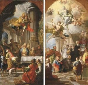 Saint Nicolas Of Bari Rescuing Adeodatus; And Saint Benedict Giving His Rule by Daniel Gran