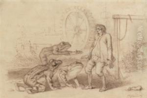 Homme Effraye Par Trois Crapauds Geants by Jean-Jacques Grandville