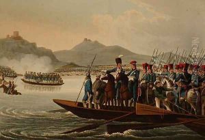The Allied Army Crossing the Rhine to Invade France, 1813, from 'Historic, Military and Naval Anecdotes', 1816 by John Heaviside Clark