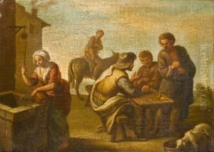 A Village With Men Seated At A Table, A Womanat A Well And A Man On A Donkey