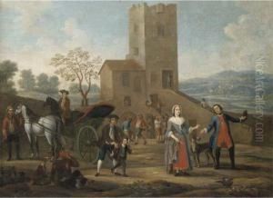 An Elegant Family Beside A Gig, With Peasants Making Merry Outside An Inn by Giovanni Michele Graneri