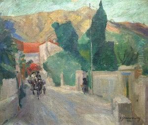Horse And Cart With Figures Ona Village Street With Mountains Beyond