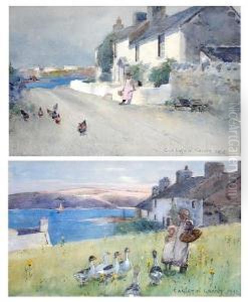 Young Girls Feeding Ducks By A
Welsh Cottage On The Coast, Together With Another Of A Girl And Chickens
Before A Coastal Cottage, A Pair - view 1