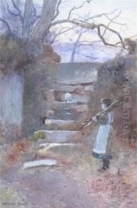 A Girl Gathering Wood With Her Puppy