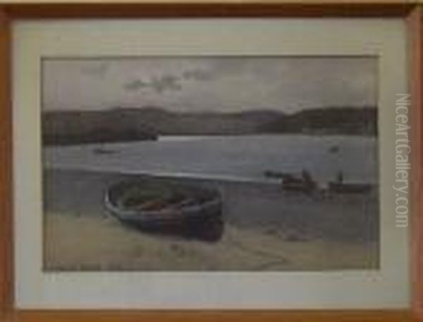 Boat On A Shore, Harbour And Hills In The Distance - view 1