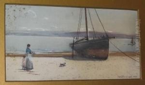 Fisherman Caulking His Boat, And Another, Woman And Child Before A Beached Fishing Boat by Carleton Grant