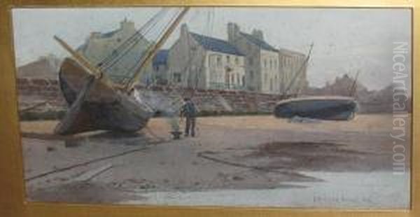 Shore Scene With Fisherman Caulking His Boat - view 1
