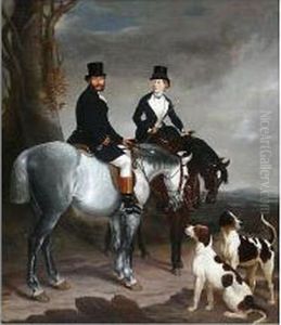 Lady And Gentleman On Horseback, With Hounds, Before A Landscape by Sir Francis Grant