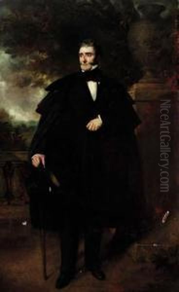 Portrait Of A Gentleman, 
Possibly A Member Of The Fortescue Family,full-length, In A Black Suit 
And Cloak, Holding A Top Hat And Cane,on A Terrace - view 1