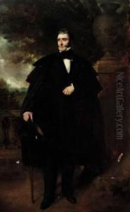Portrait Of A Gentleman, 
Possibly A Member Of The Fortescue Family,full-length, In A Black Suit 
And Cloak, Holding A Top Hat And Cane,on A Terrace by Sir Francis Grant