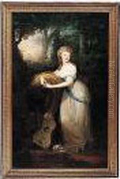 Portrait Of A Princess Christine
 Radziwill, Full Length, Wearing A White Dress With A Blue Sash And Gold
 Mantle, Standing In A Wooded Landscape, With A Guitar And Music Score 
Resting Beside Her - view 1