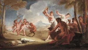 Nymphs, Putti And Satyrs Dancing In A Landscape by Nicola Grassi