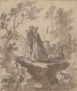 Pastoral Scene With Lovers Walking And Three Figures Seated On The Ground by Hubert-Francois Gravelot