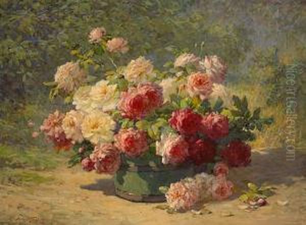 A Mixed Bouquet Of Roses In A Green Barrel by Abbott Fuller Graves