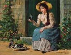 Young Girl With Kittens And Flowers by Abbott Fuller Graves