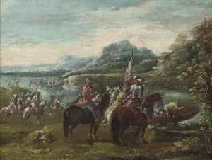 A River Landscape With Cavalry Officers On A Bank